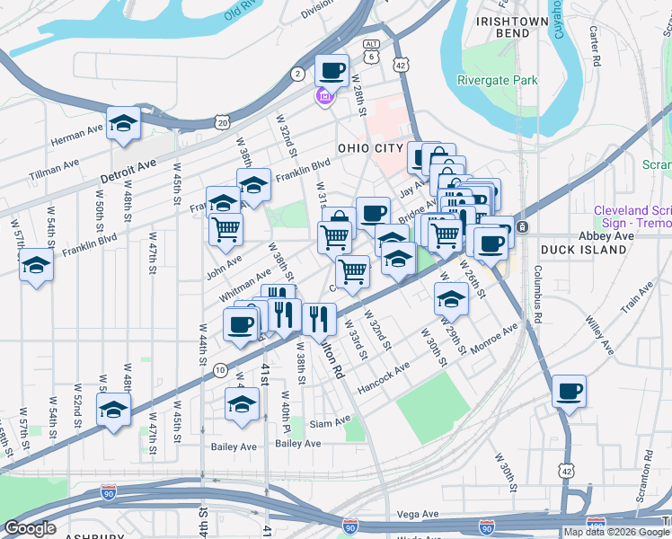 map of restaurants, bars, coffee shops, grocery stores, and more near 1883 Fulton Road in Cleveland