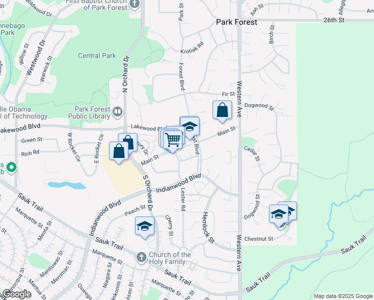 map of restaurants, bars, coffee shops, grocery stores, and more near 332 Forest Boulevard in Park Forest
