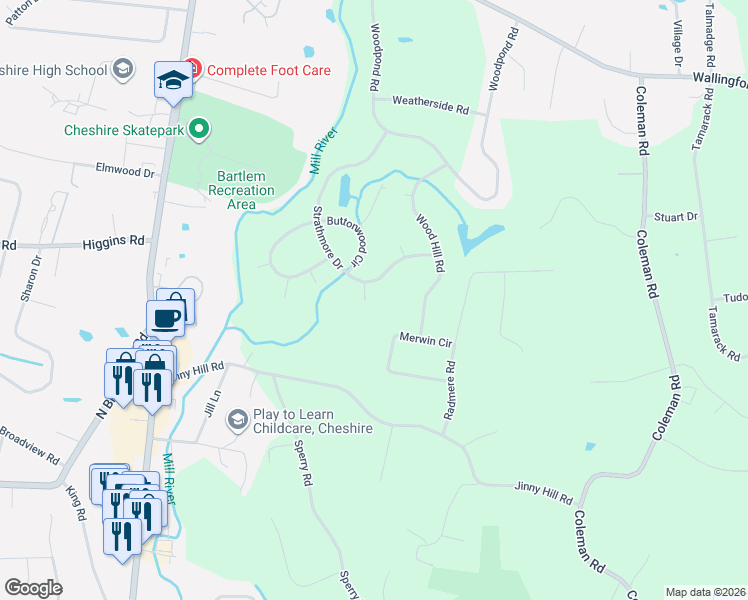map of restaurants, bars, coffee shops, grocery stores, and more near 190 Shagbark Court in Cheshire
