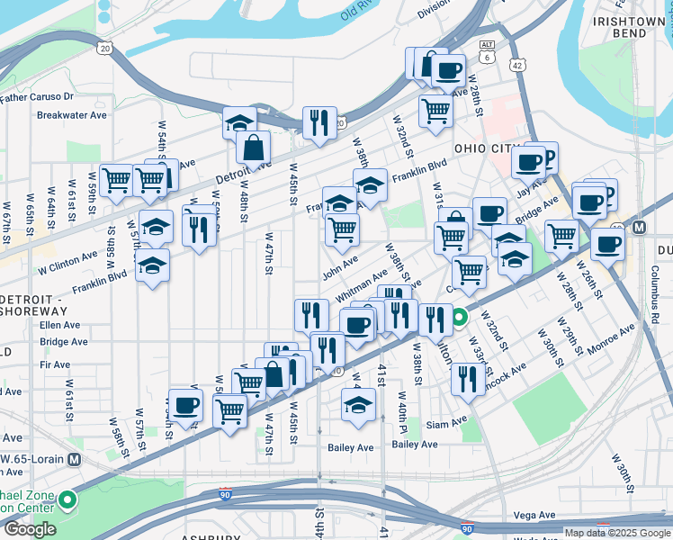 map of restaurants, bars, coffee shops, grocery stores, and more near Randall Road in Cleveland