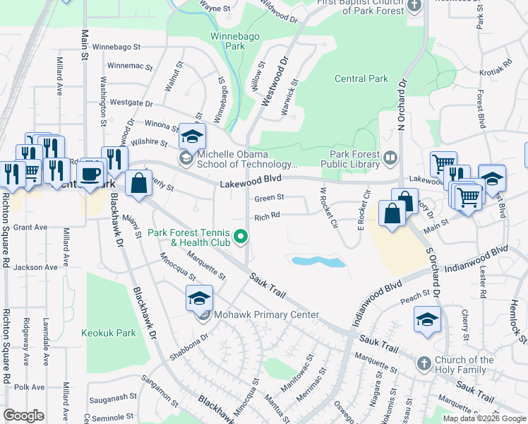map of restaurants, bars, coffee shops, grocery stores, and more near 289 Westwood Drive in Park Forest