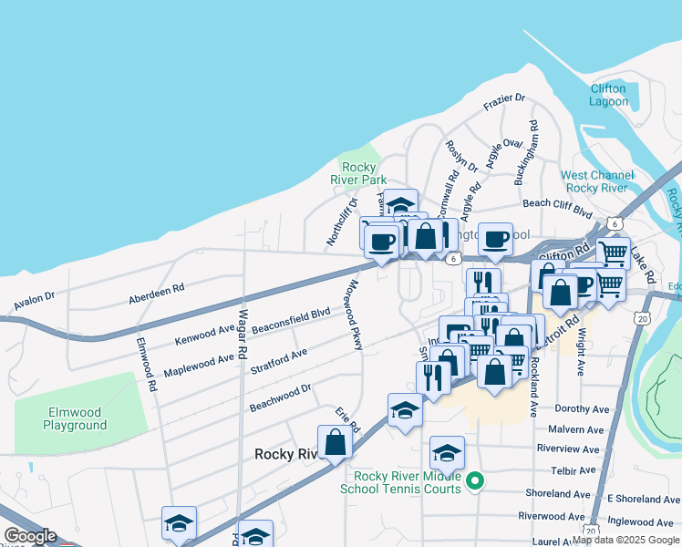 map of restaurants, bars, coffee shops, grocery stores, and more near Lake Road in Cleveland