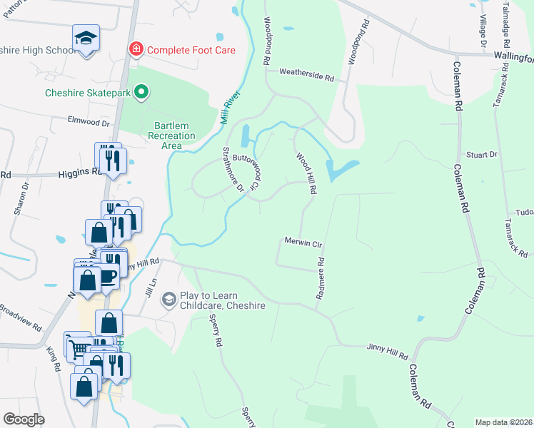 map of restaurants, bars, coffee shops, grocery stores, and more near 113 Merwin Circle in Cheshire
