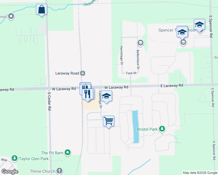 map of restaurants, bars, coffee shops, grocery stores, and more near 570 West Laraway Road in New Lenox