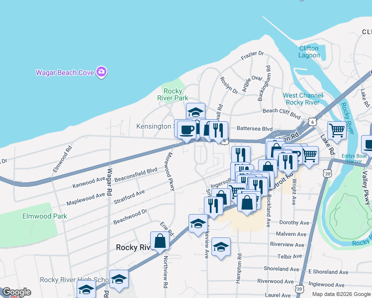 map of restaurants, bars, coffee shops, grocery stores, and more near 20267 Lake Road in Rocky River