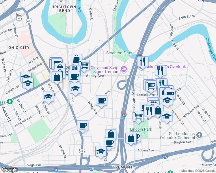 map of restaurants, bars, coffee shops, grocery stores, and more near 1535 Fairfield Avenue in Cleveland