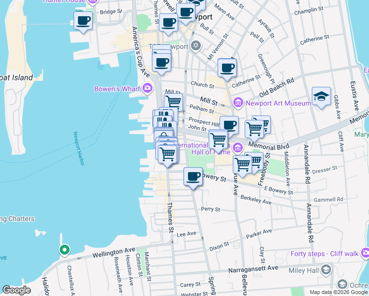 map of restaurants, bars, coffee shops, grocery stores, and more near 309 Spring Street in Newport