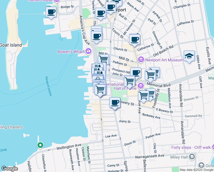 map of restaurants, bars, coffee shops, grocery stores, and more near 309 Spring Street in Newport