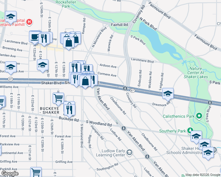 map of restaurants, bars, coffee shops, grocery stores, and more near 13701 Drexmore Road in Cleveland