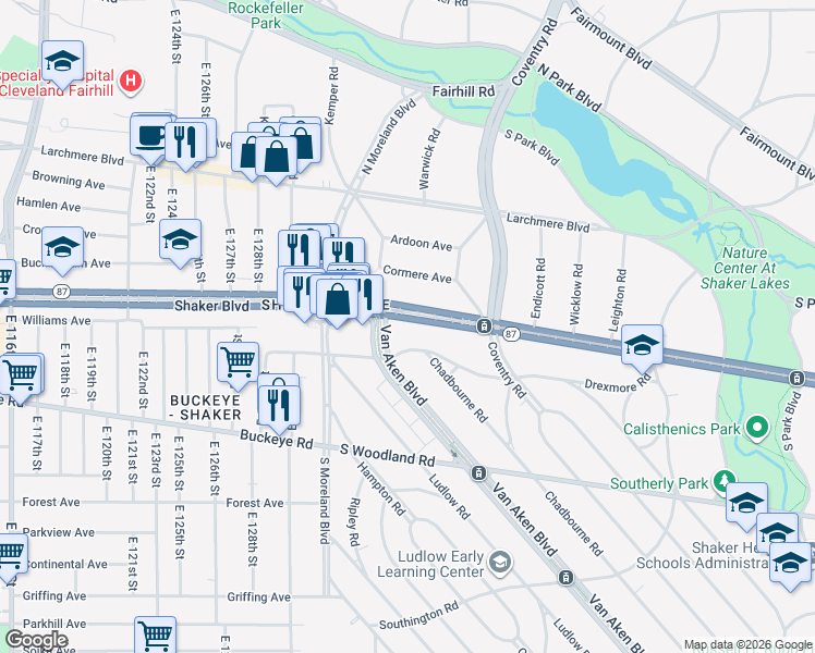 map of restaurants, bars, coffee shops, grocery stores, and more near in Cleveland