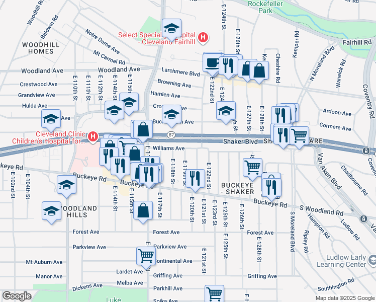 map of restaurants, bars, coffee shops, grocery stores, and more near 2798 East 119th Street in Cleveland