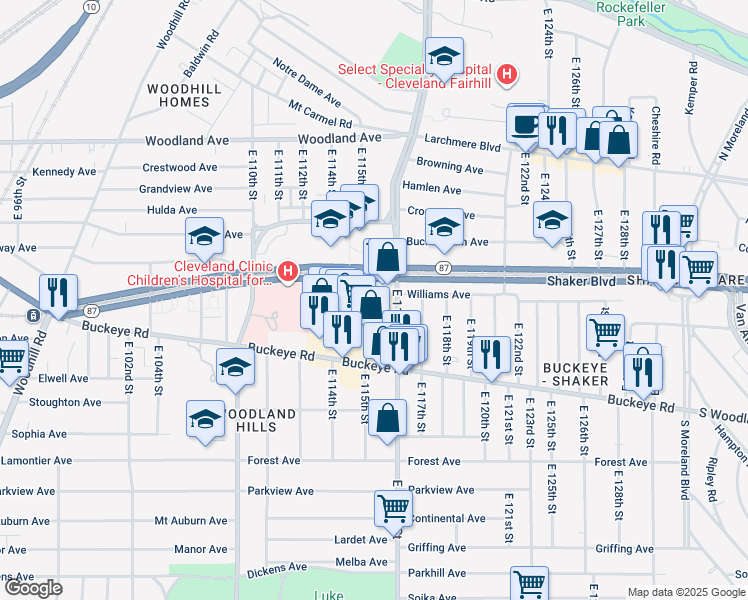 map of restaurants, bars, coffee shops, grocery stores, and more near 11501 Buckeye Road in Cleveland