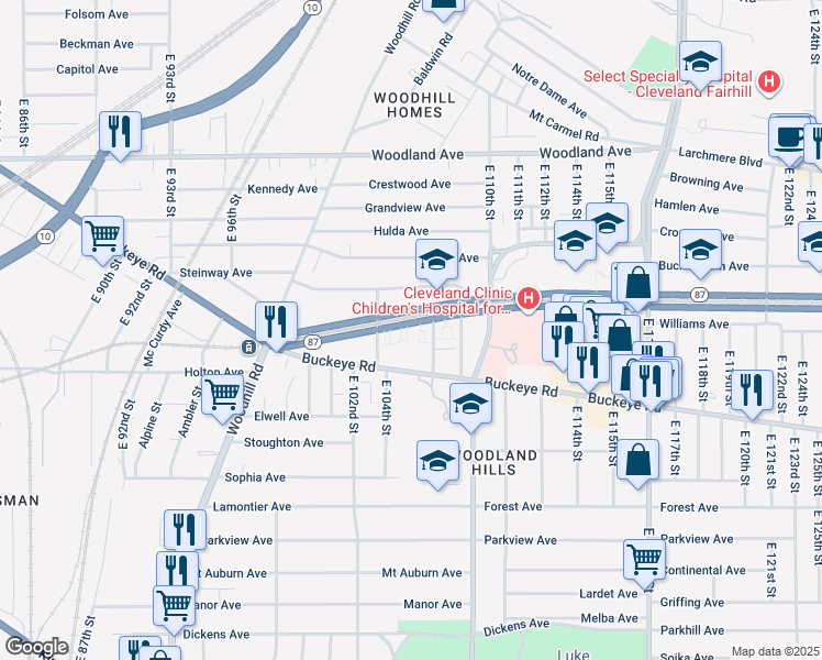 map of restaurants, bars, coffee shops, grocery stores, and more near 10427 Buckeye Road in Cleveland