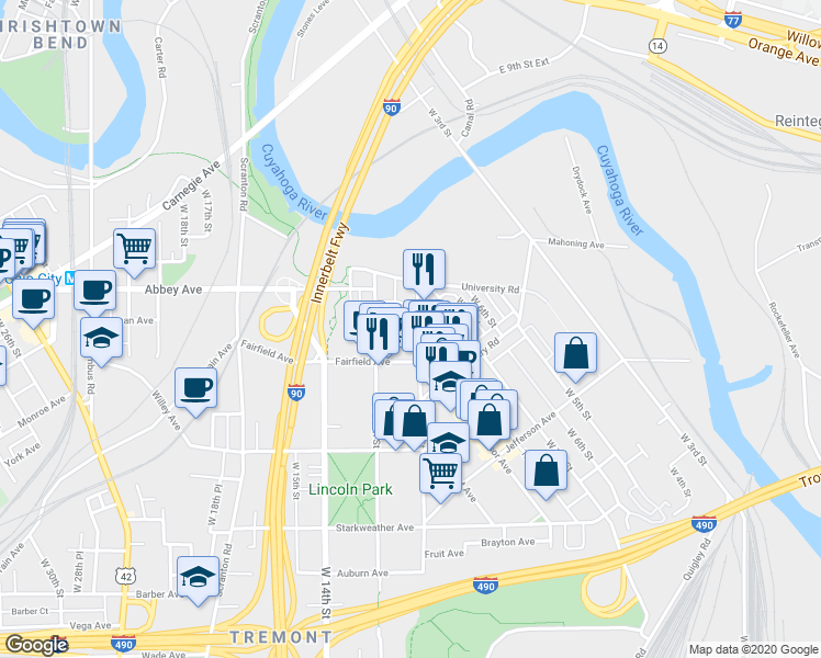 map of restaurants, bars, coffee shops, grocery stores, and more near 1018 Fairfield Avenue in Cleveland