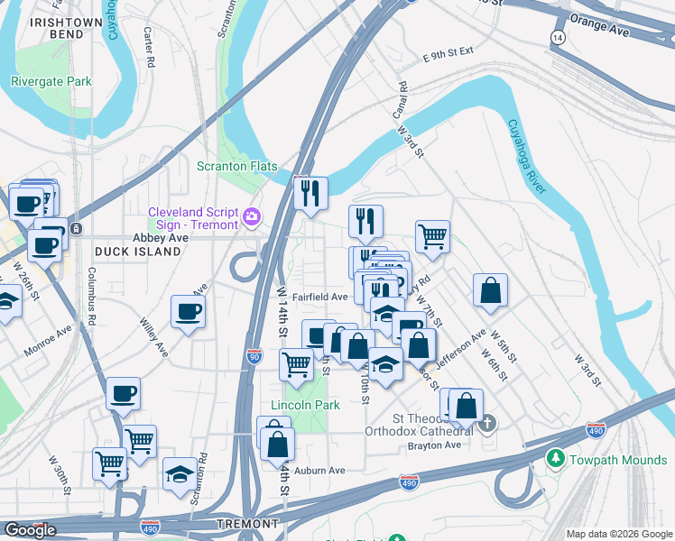 map of restaurants, bars, coffee shops, grocery stores, and more near 1018 Fairfield Avenue in Cleveland