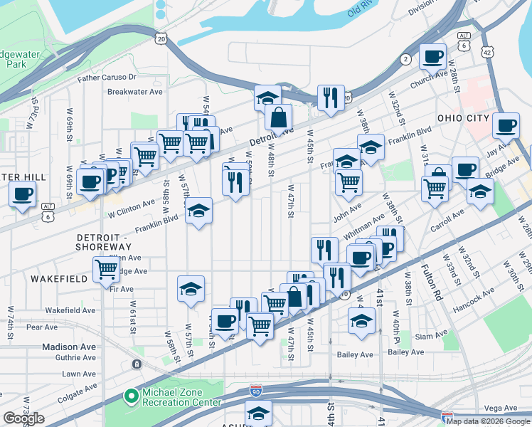 map of restaurants, bars, coffee shops, grocery stores, and more near 1835 West 48th Street in Cleveland
