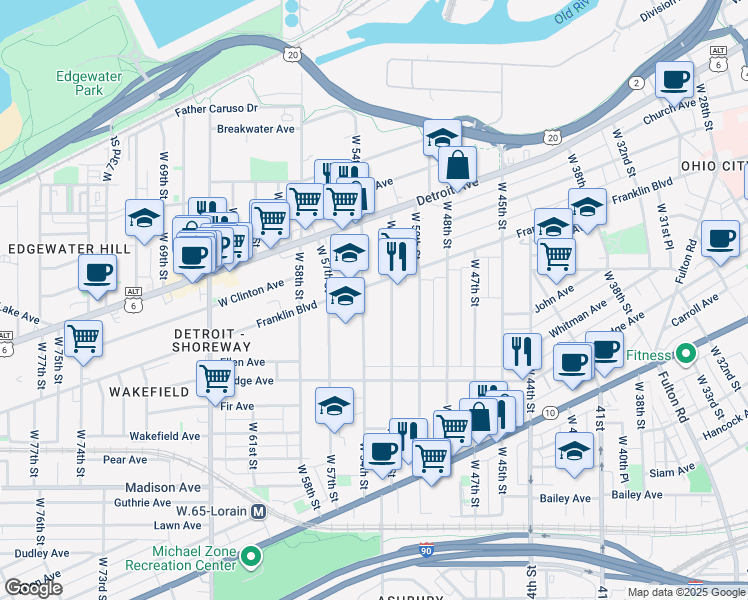map of restaurants, bars, coffee shops, grocery stores, and more near 1806 West 52nd Street in Cleveland