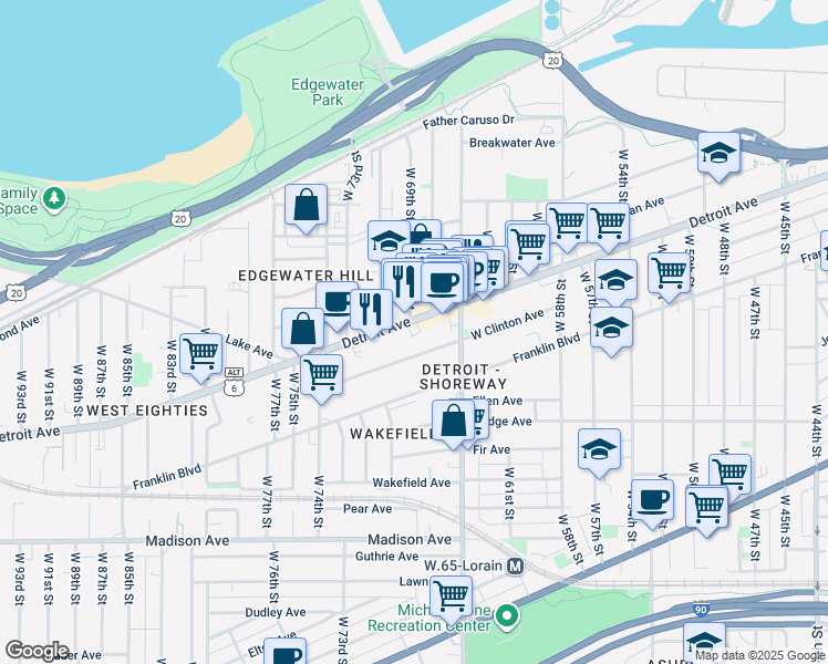 map of restaurants, bars, coffee shops, grocery stores, and more near 6715 West Clinton Avenue in Cleveland