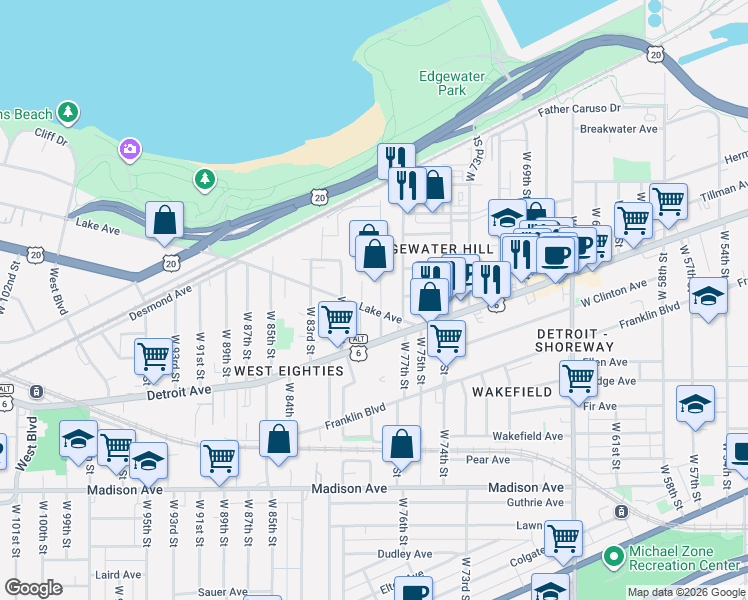 map of restaurants, bars, coffee shops, grocery stores, and more near 7903 Lake Avenue in Cleveland