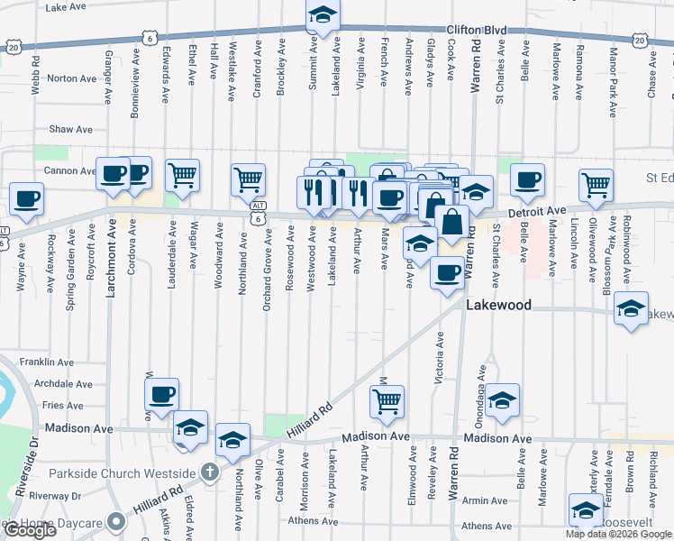 map of restaurants, bars, coffee shops, grocery stores, and more near 1490 Arthur Avenue in Lakewood