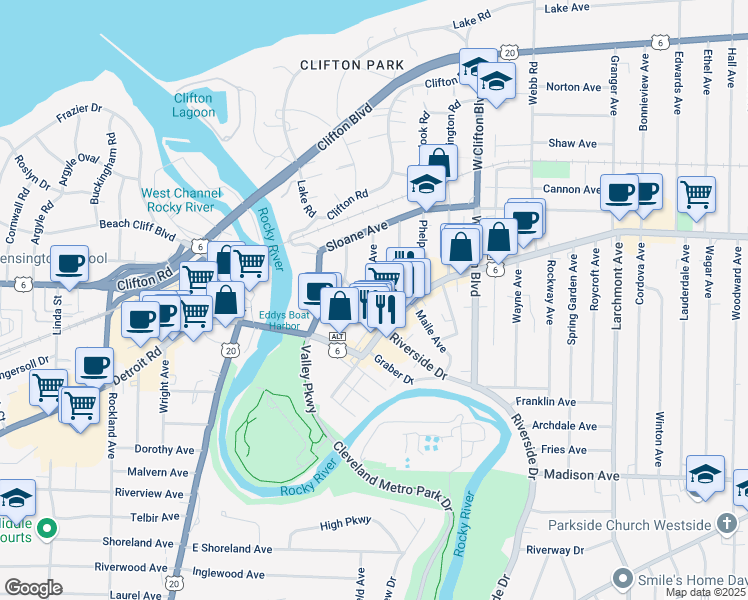 map of restaurants, bars, coffee shops, grocery stores, and more near 18428 Detroit Avenue in Lakewood