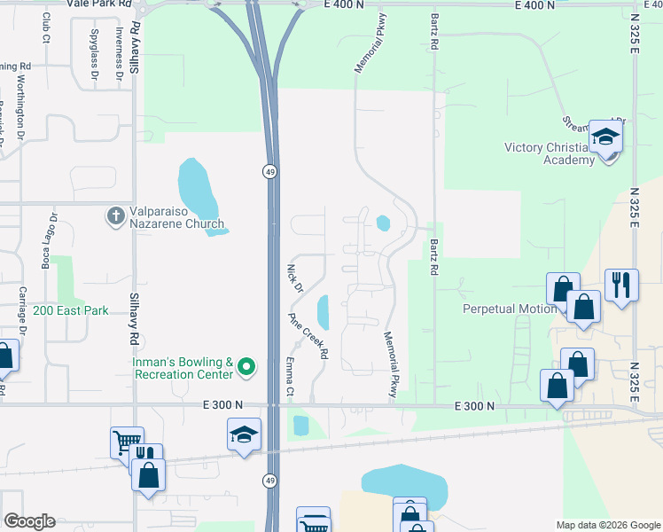 map of restaurants, bars, coffee shops, grocery stores, and more near 1504 Pine Creek Road in Valparaiso