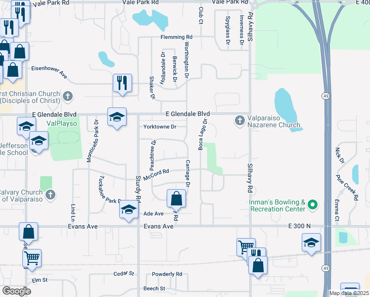 map of restaurants, bars, coffee shops, grocery stores, and more near 2302 Dunwoody Drive in Valparaiso