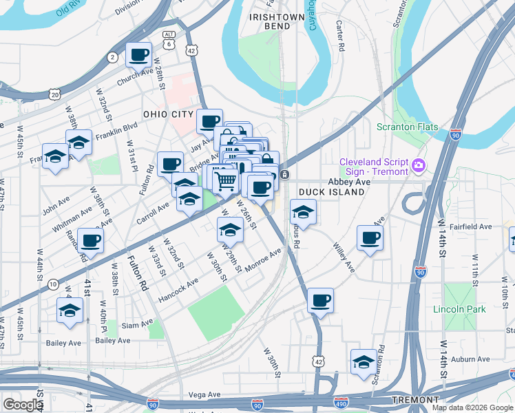 map of restaurants, bars, coffee shops, grocery stores, and more near 2100 West 26th Street in Cleveland