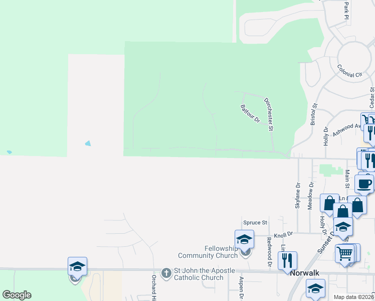 map of restaurants, bars, coffee shops, grocery stores, and more near 330 West High Road in Norwalk