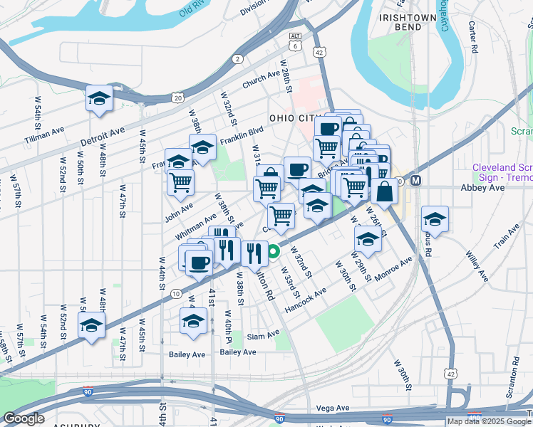 map of restaurants, bars, coffee shops, grocery stores, and more near 1881 Fulton Road in Cleveland
