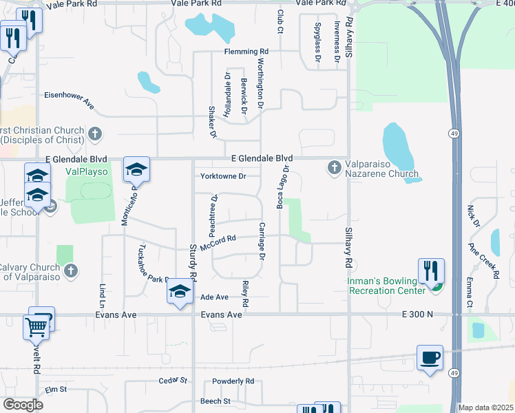 map of restaurants, bars, coffee shops, grocery stores, and more near 2302 Dunwoody Drive in Valparaiso