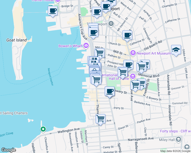 map of restaurants, bars, coffee shops, grocery stores, and more near Thames Street in Newport