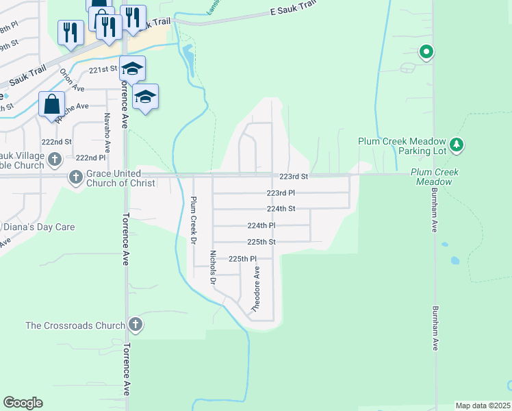 map of restaurants, bars, coffee shops, grocery stores, and more near 2907 224th Place in Sauk Village