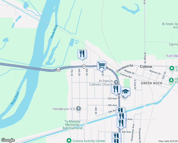 map of restaurants, bars, coffee shops, grocery stores, and more near 101-199 4th Street in Colona