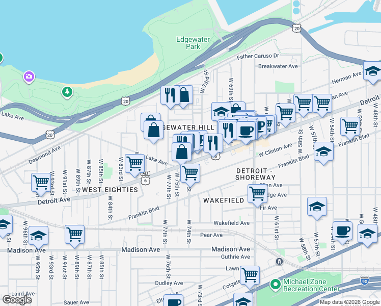 map of restaurants, bars, coffee shops, grocery stores, and more near 1358 West 73rd Street in Cleveland