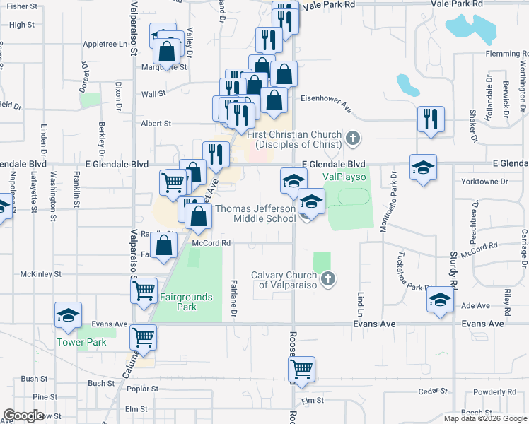 map of restaurants, bars, coffee shops, grocery stores, and more near 1803 Earthstone Drive in Valparaiso
