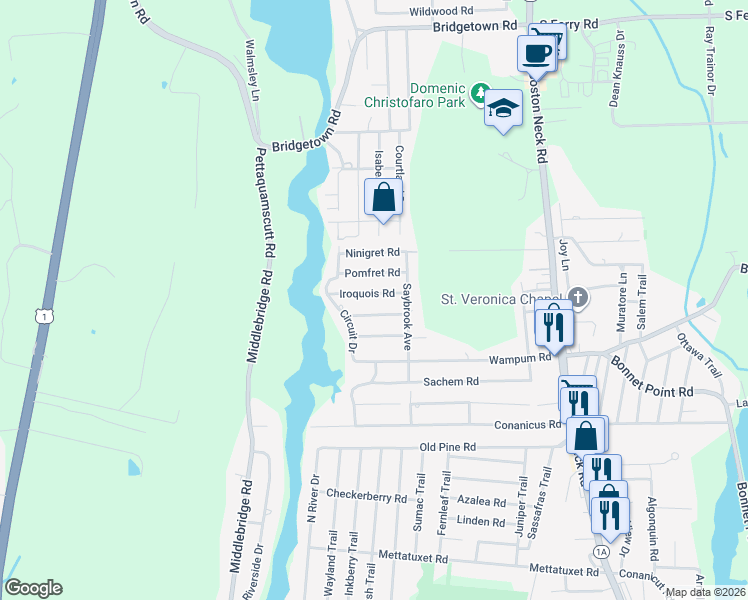 map of restaurants, bars, coffee shops, grocery stores, and more near 60 Pomfret Road in Narragansett