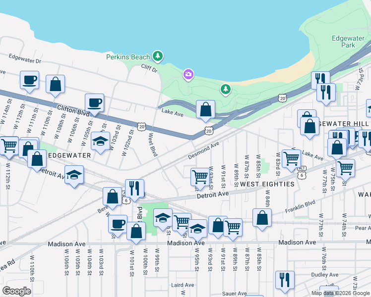 map of restaurants, bars, coffee shops, grocery stores, and more near 9605 Clifton Boulevard in Cleveland