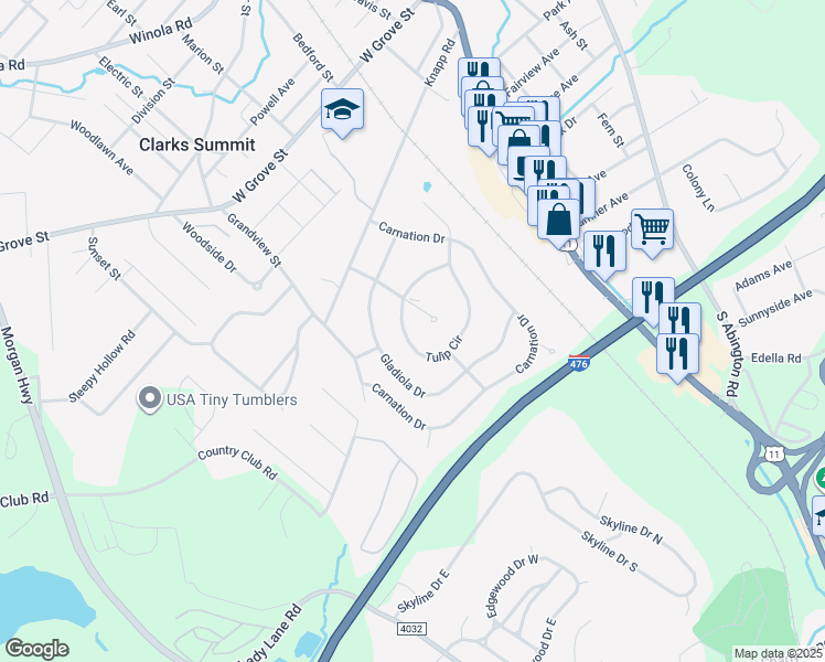 map of restaurants, bars, coffee shops, grocery stores, and more near 502 Tulip Cir in Clarks Summit