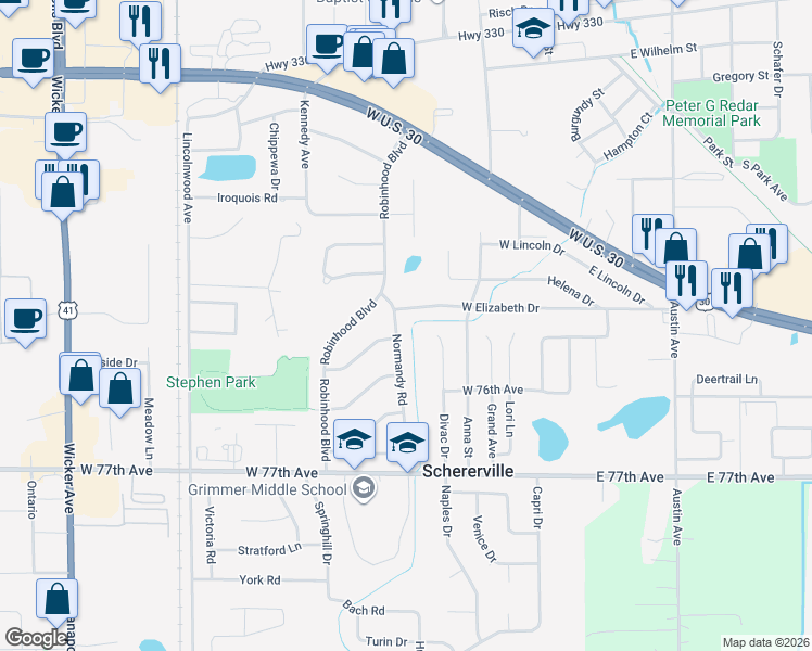 map of restaurants, bars, coffee shops, grocery stores, and more near 2109 Normandy Rd in Schererville