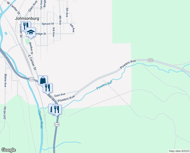 map of restaurants, bars, coffee shops, grocery stores, and more near 305 Powers Avenue in Johnsonburg