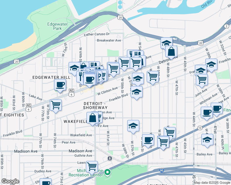 map of restaurants, bars, coffee shops, grocery stores, and more near 5912 West Clinton Avenue in Cleveland