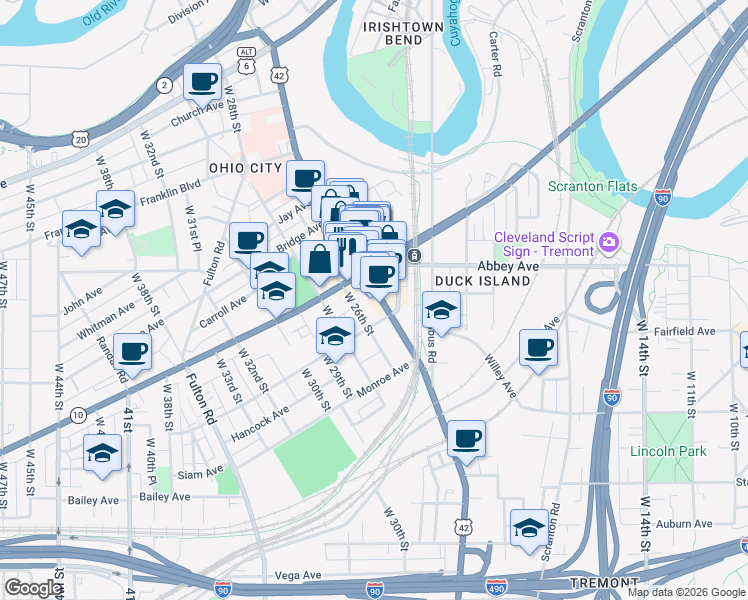 map of restaurants, bars, coffee shops, grocery stores, and more near 2058 West 25th Street in Cleveland