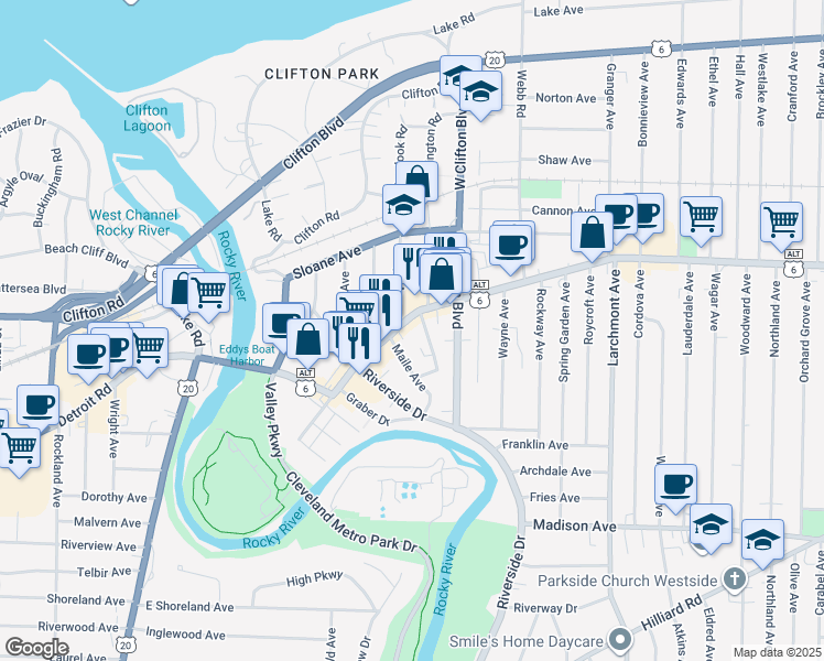 map of restaurants, bars, coffee shops, grocery stores, and more near 18224 Detroit Avenue in Lakewood
