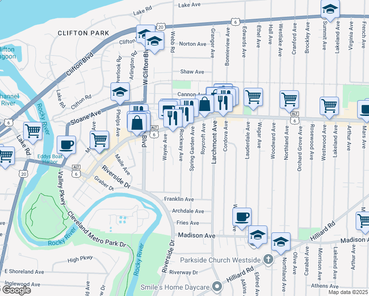 map of restaurants, bars, coffee shops, grocery stores, and more near 1430 Spring Garden Avenue in Lakewood