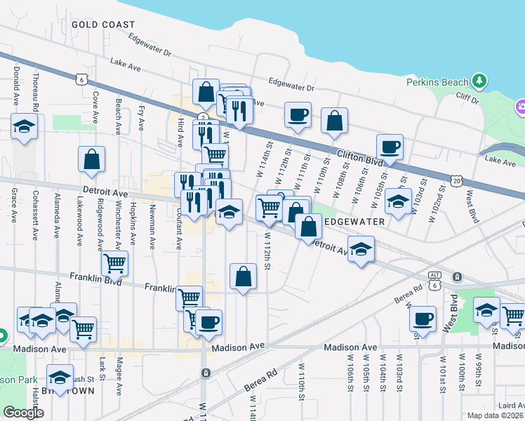 map of restaurants, bars, coffee shops, grocery stores, and more near 1380 West 112th Street in Cleveland