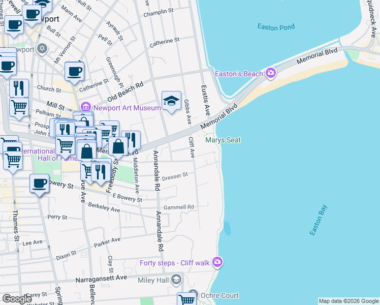 map of restaurants, bars, coffee shops, grocery stores, and more near 2 Cliff Avenue in Newport