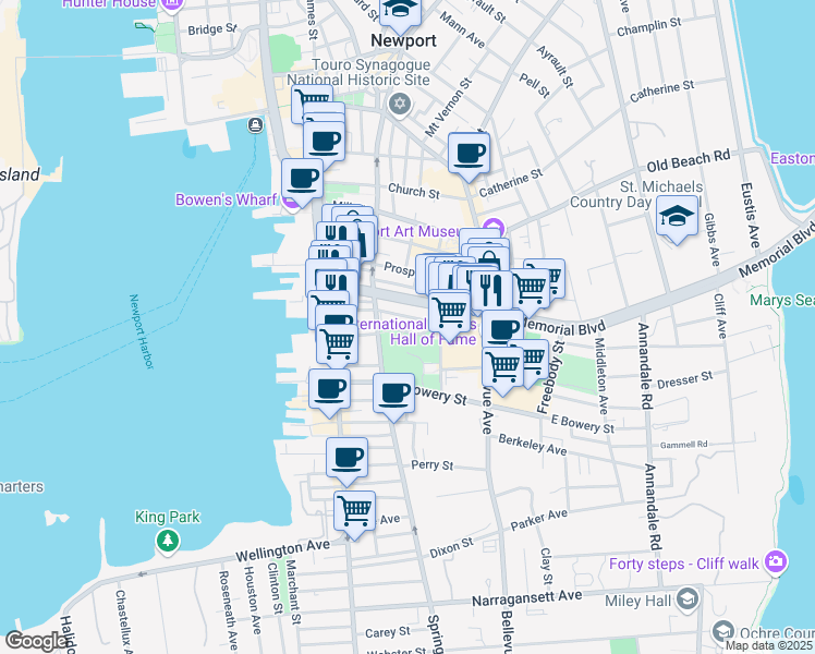 map of restaurants, bars, coffee shops, grocery stores, and more near 62 Rhode Island 138A in Newport