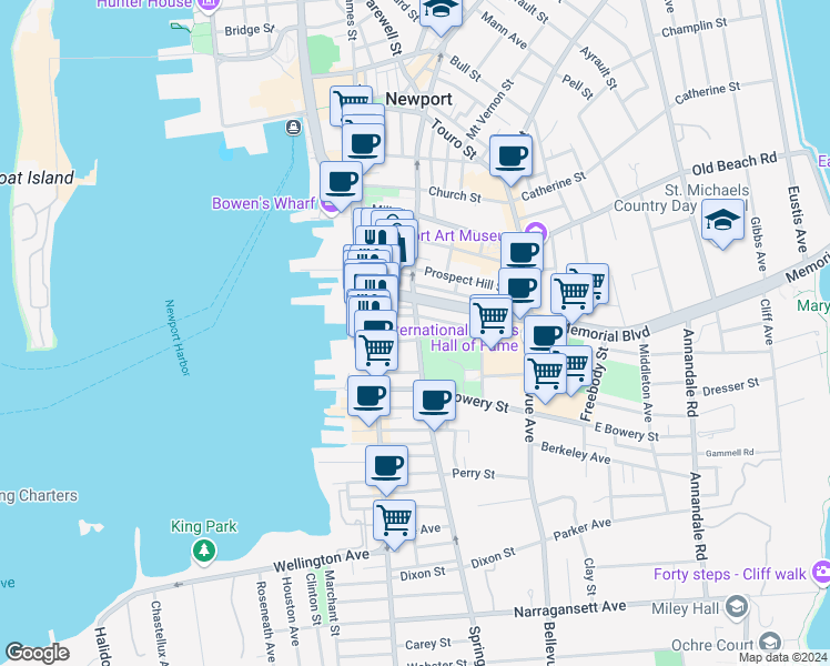 map of restaurants, bars, coffee shops, grocery stores, and more near 233 Memorial Boulevard West in Newport