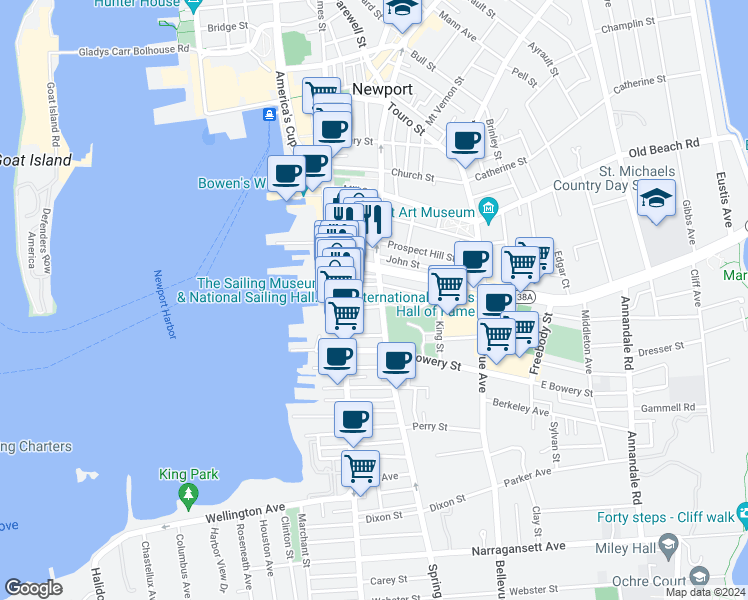 map of restaurants, bars, coffee shops, grocery stores, and more near 233 Memorial Boulevard West in Newport